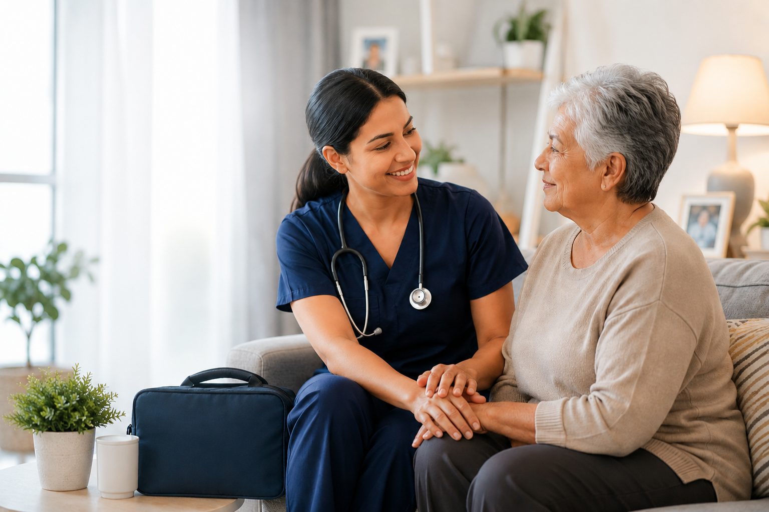 A caregiver holding hands with a smiling senior woman in a bright, comfortable living room